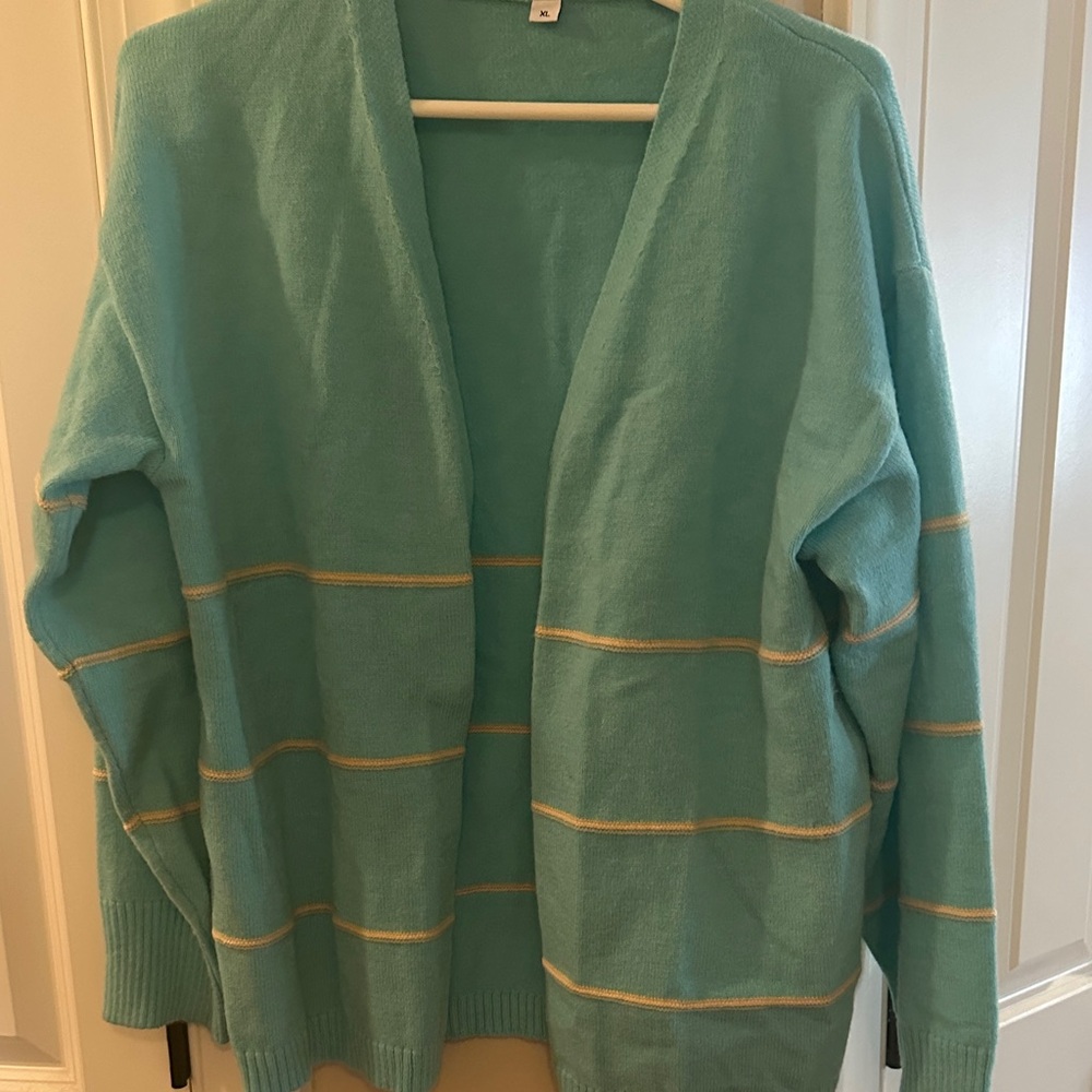 Turquoise/Aqua Striped Women's Open Style Cardigan.